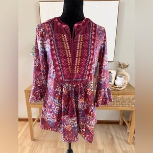 Farmers Market Floral Bohemian Tunic Top - Red and Pink Size S